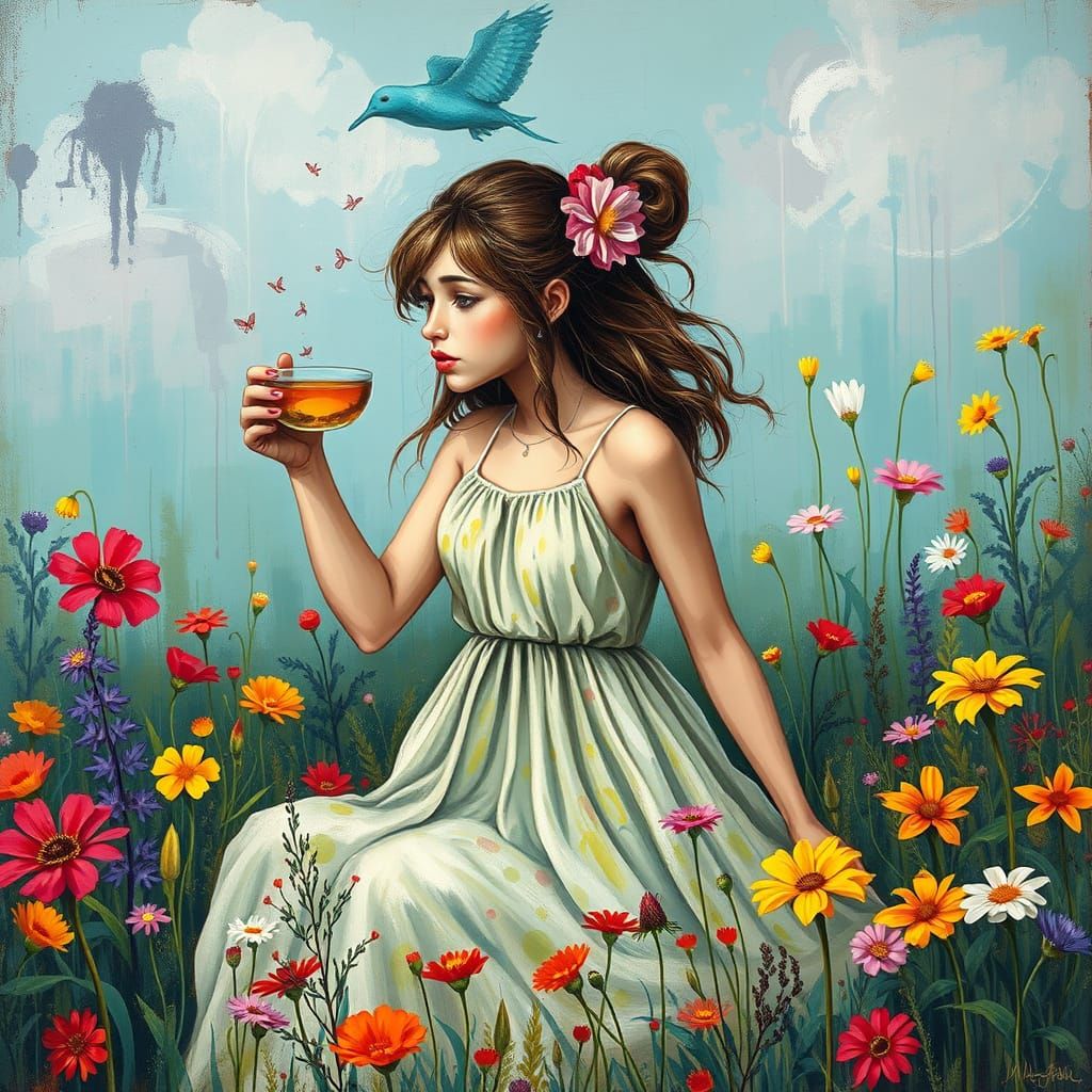 Maiden Drinking Tea in Graffiti Art Style