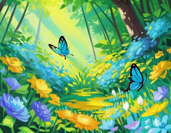 Butterfly, Dragonfly, and Cardinal in Abstract Garden