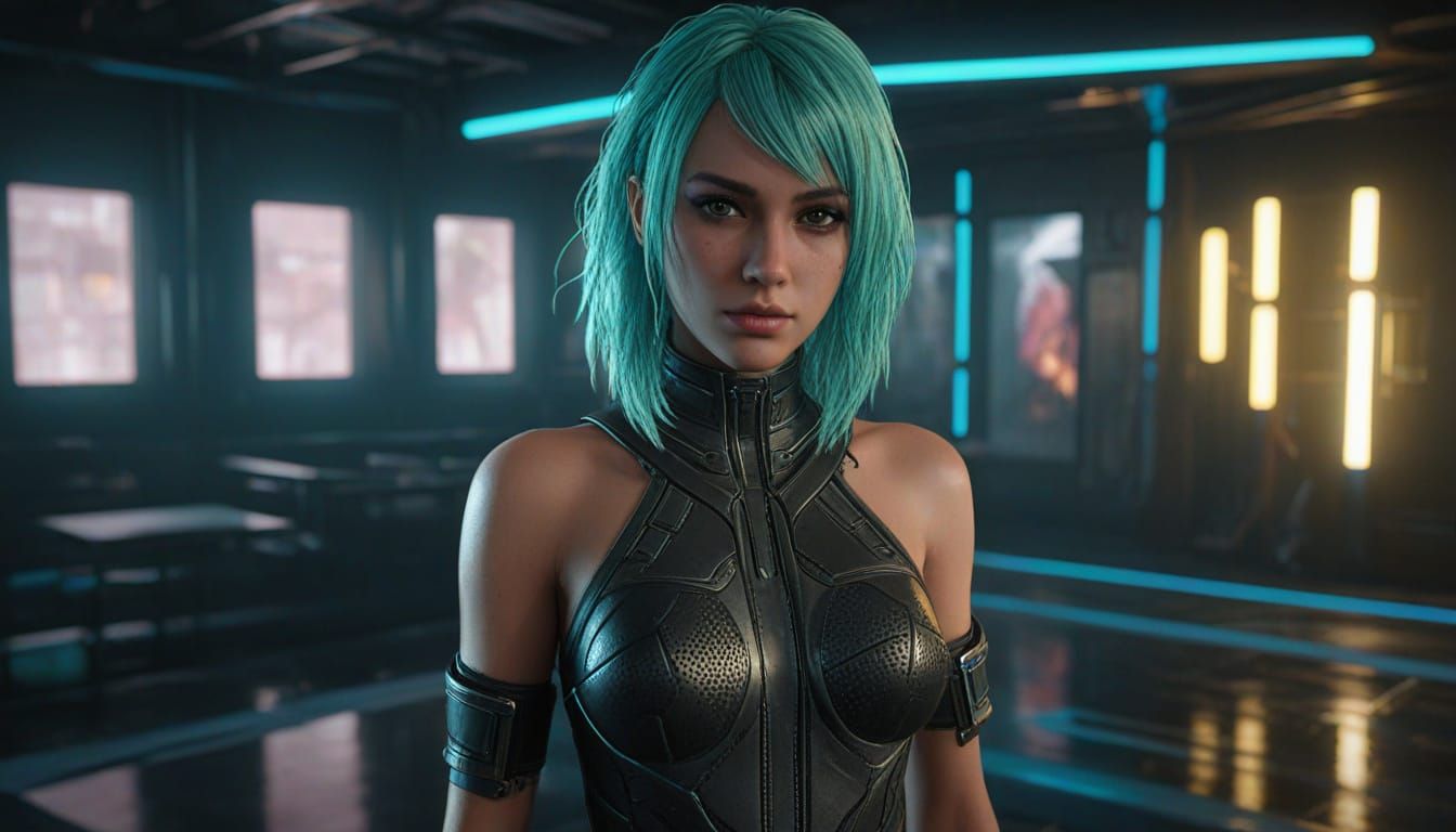 Green-Haired Woman in Cyan Dress: Cyberpunk Art