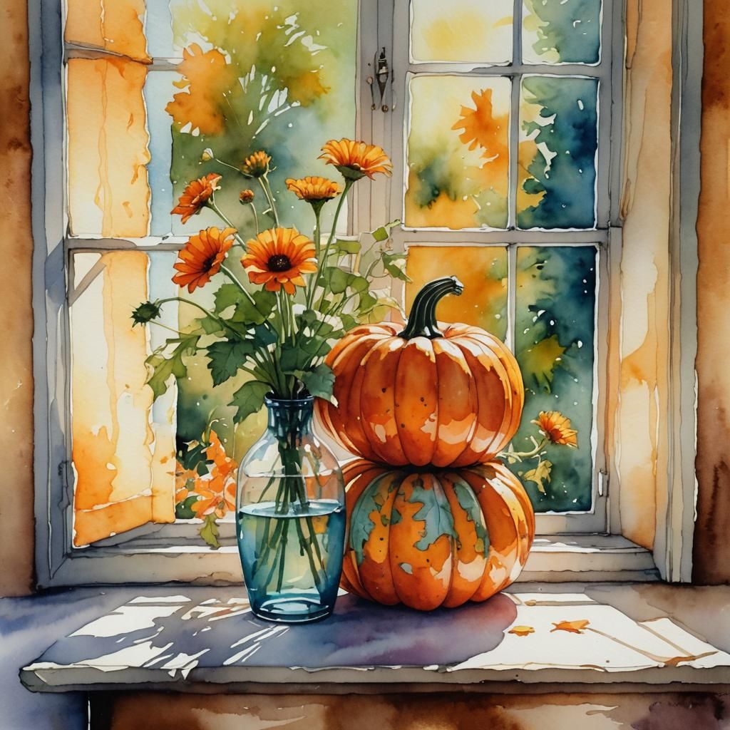 Pumpkin Still Life in Watercolor and Alcohol Ink