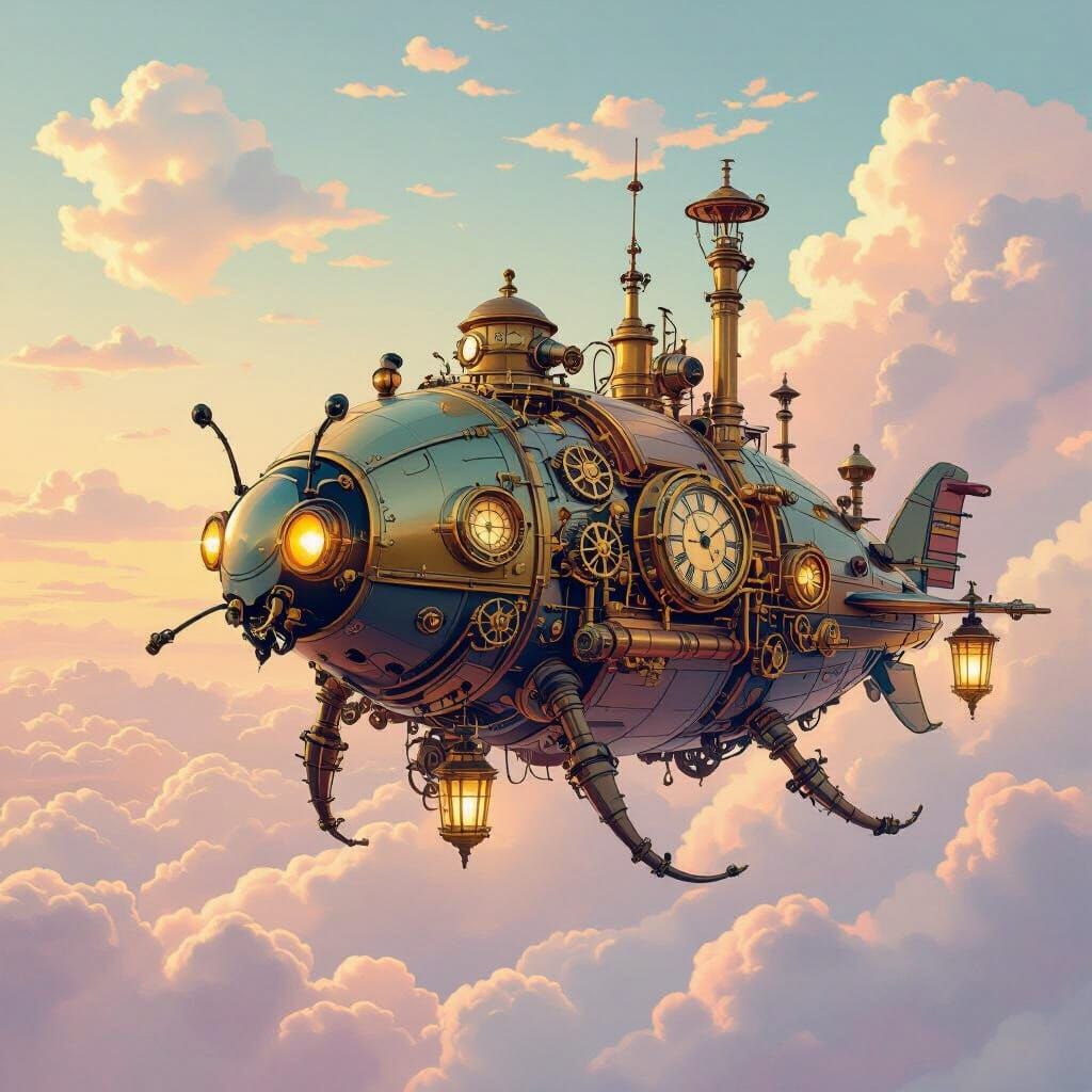 Mechanical Beetle Airship Soaring Through Clockwork Skies