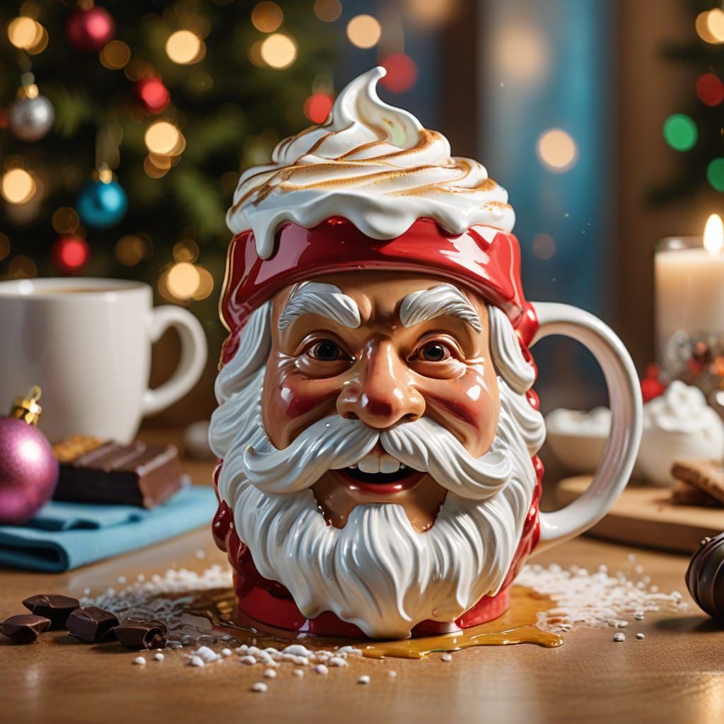 Hyperrealistic Santa Coffee Mug in Cozy Kitchen
