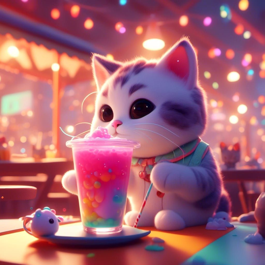 Cat Sipping Boba Tea in Whimsical Pop Art Style