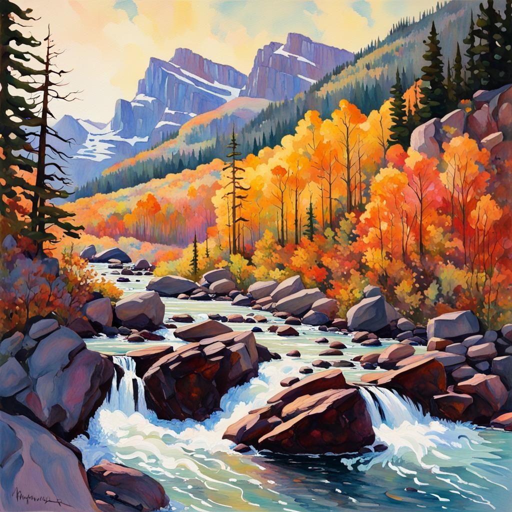 Glacier National Park in Watercolor, Autumn Landscape
