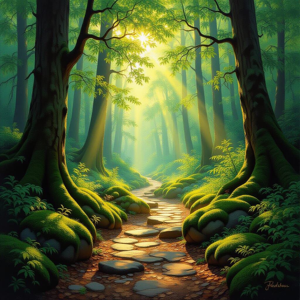 Sunlit Forest Path Inspires Inner Peace