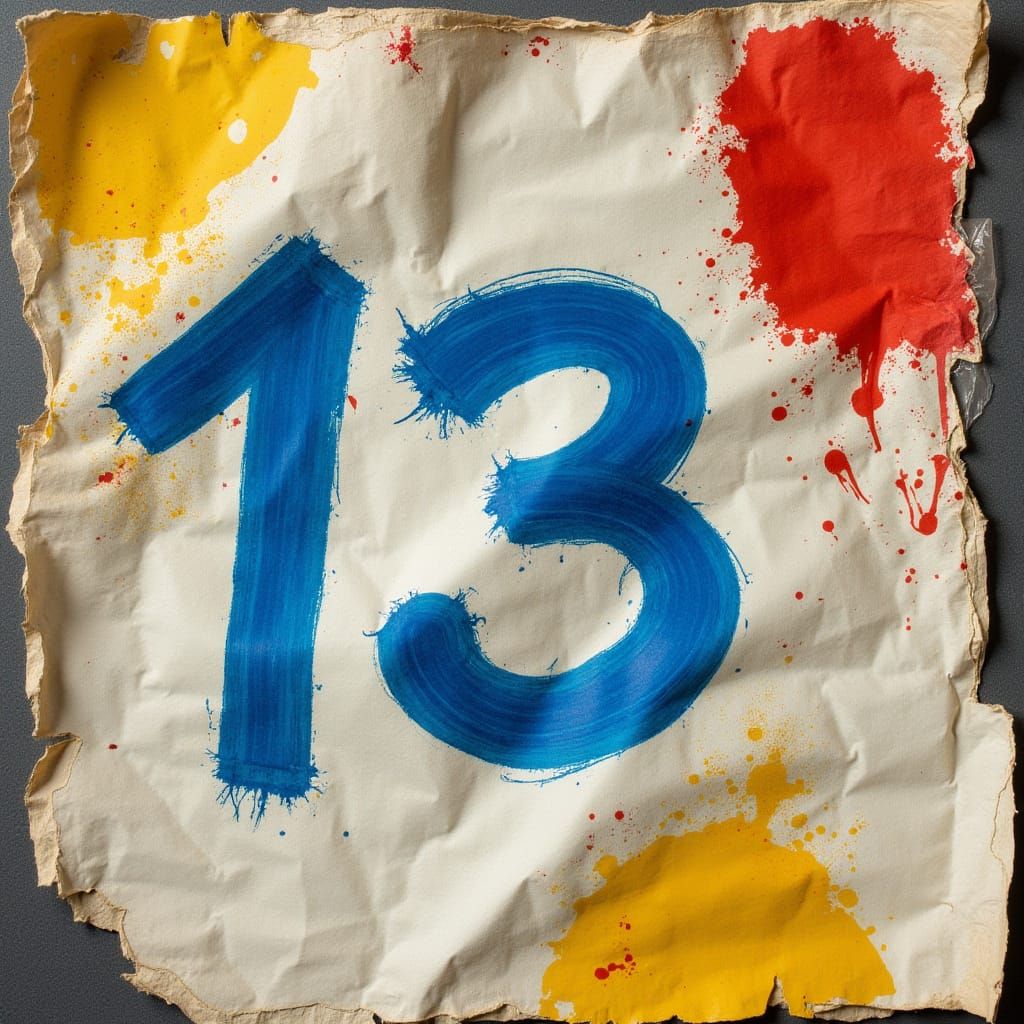 Distressed Number 13 in Vibrant Paint Smears, Macro Photogra...