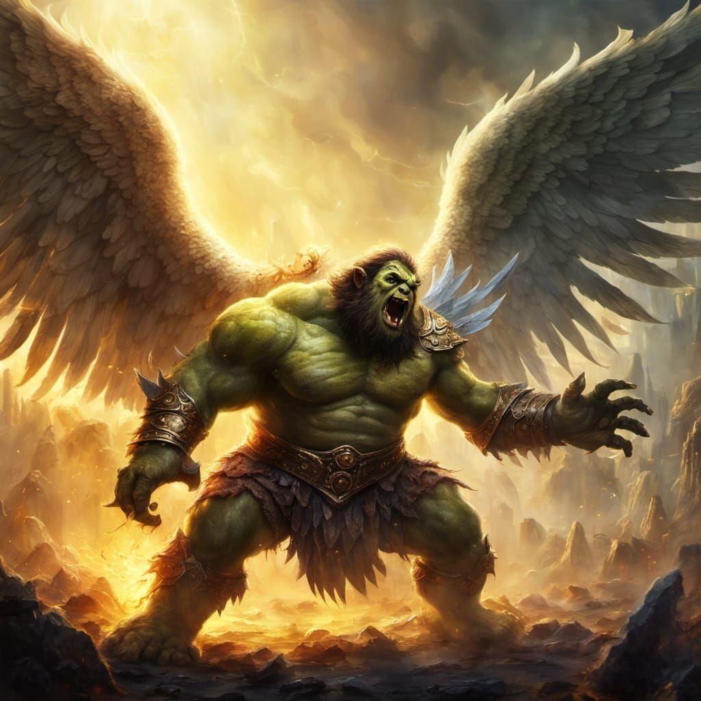 Teen Angel Battles Ogre in Fantasy Art Style