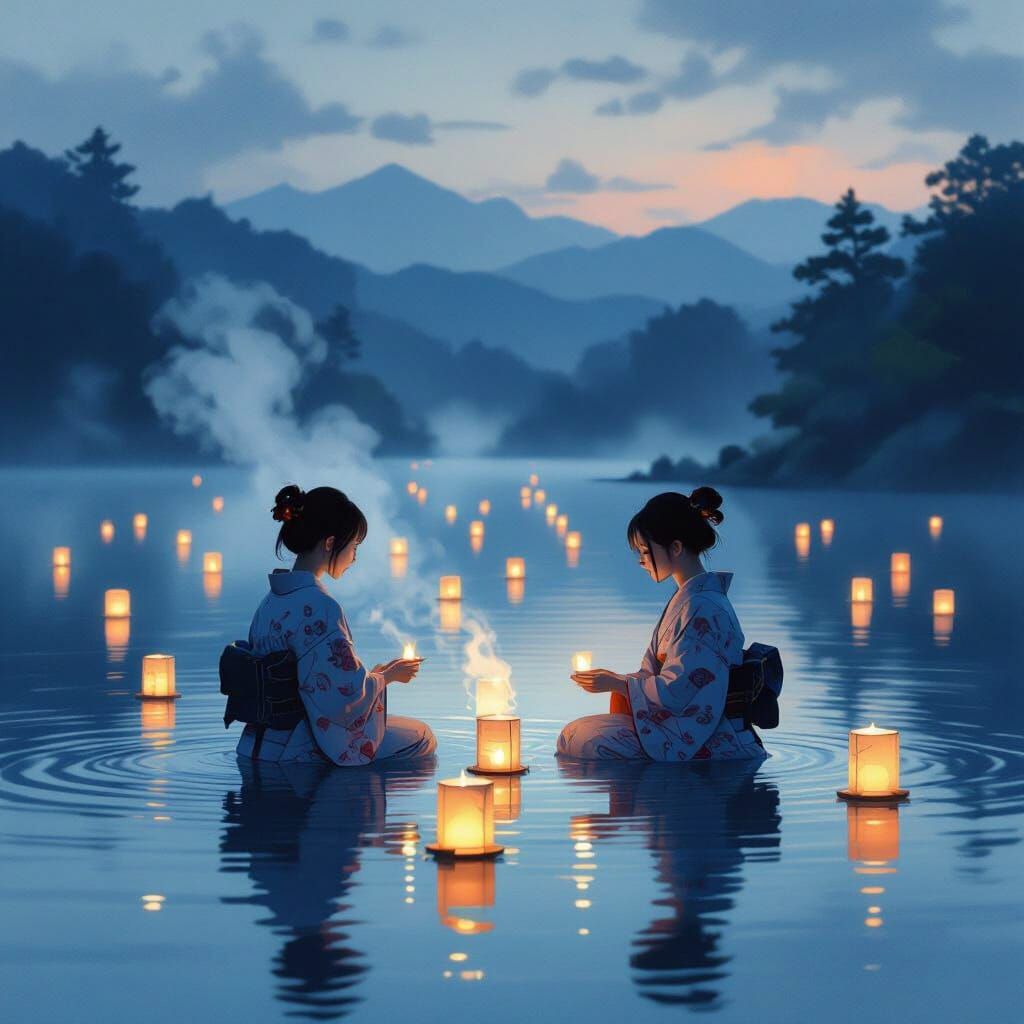 Japanese Girls Release Glowing Lanterns on Serene Twilight L...