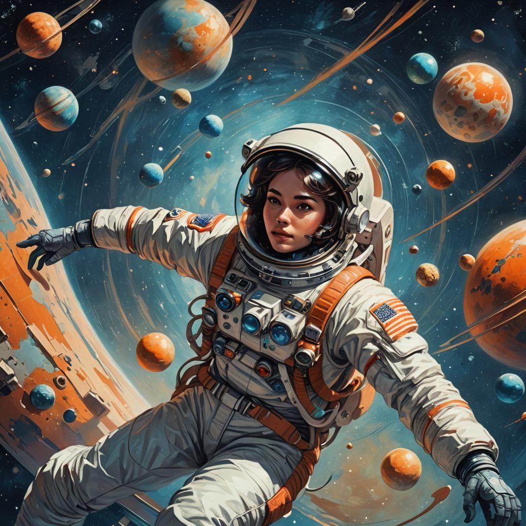 Retro-Futuristic Astronaut in Zero Gravity