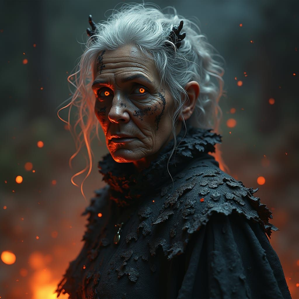 Woman in Ash and Flame: A Dark Matte Painting