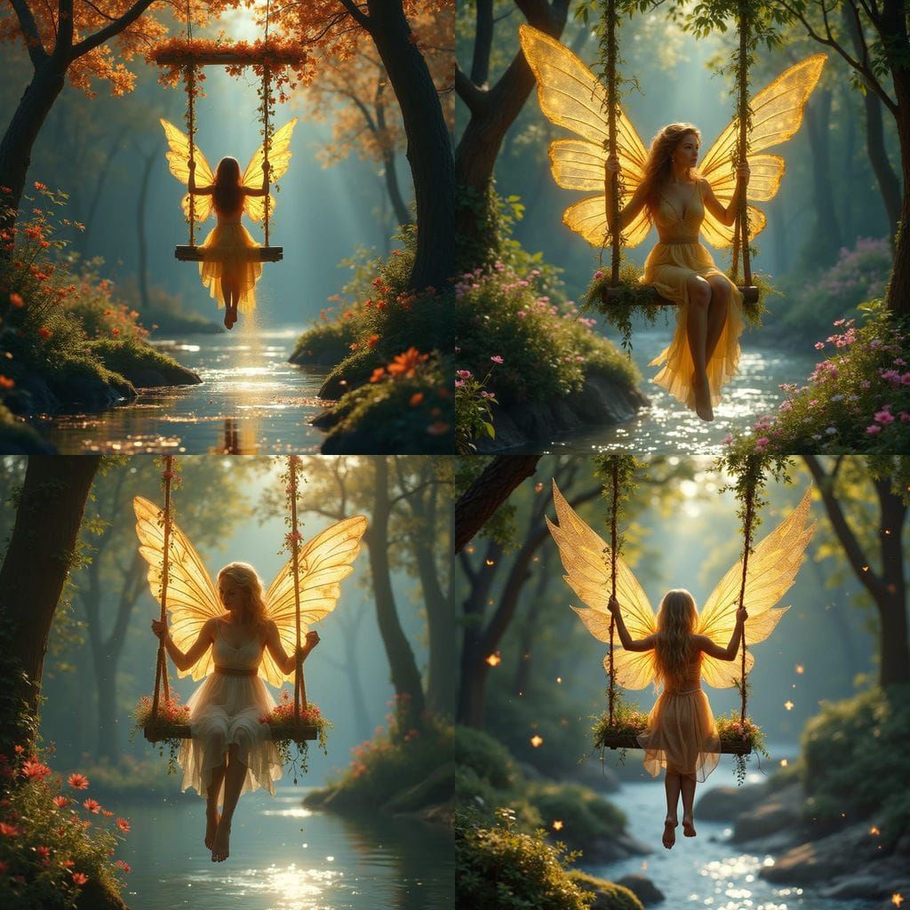 A fairy with golden wings swinging on a wooden swing covered in flowers over a prestine river. Glitter trailing behind w...