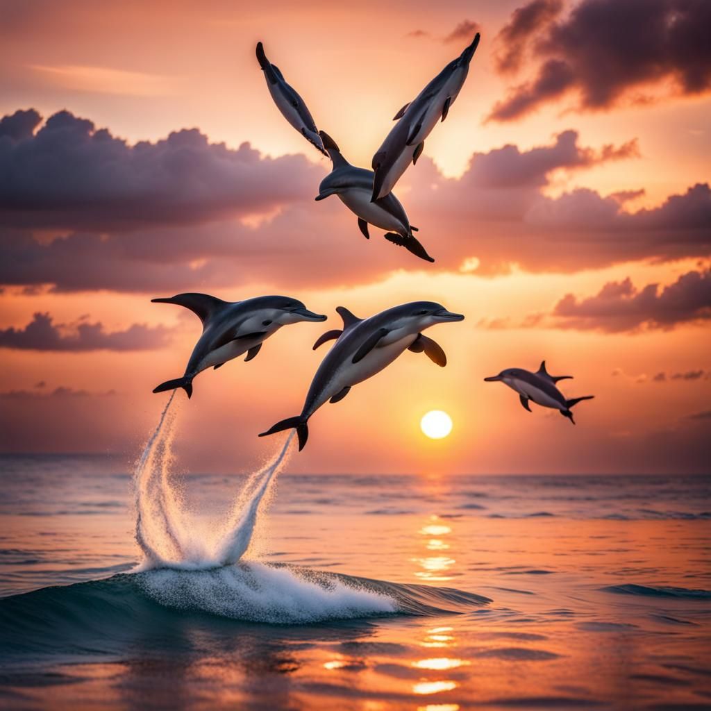 Dolphins Flying in Sunset Sky