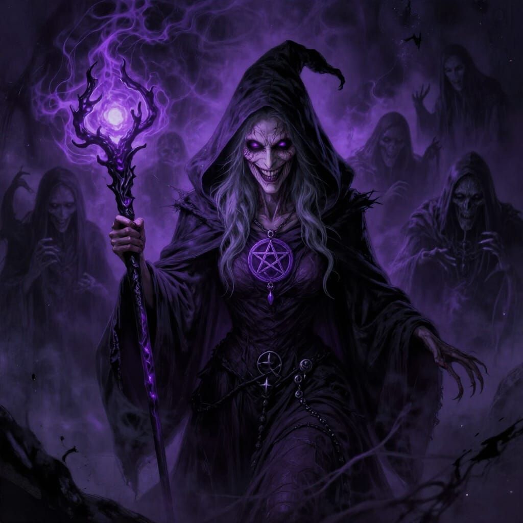 Witch Casting Shadow Magic with Sinister Grin