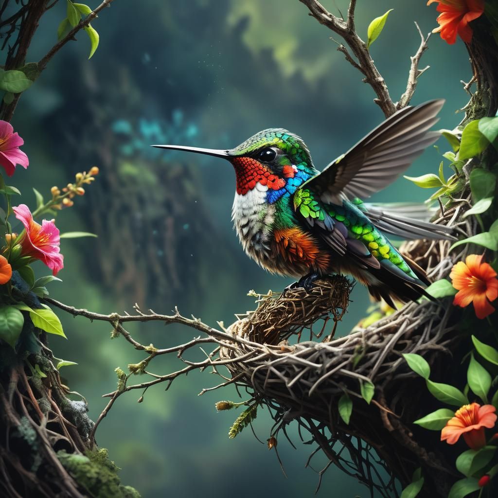 Hummingbird on Nest: Epic Digital Matte Painting