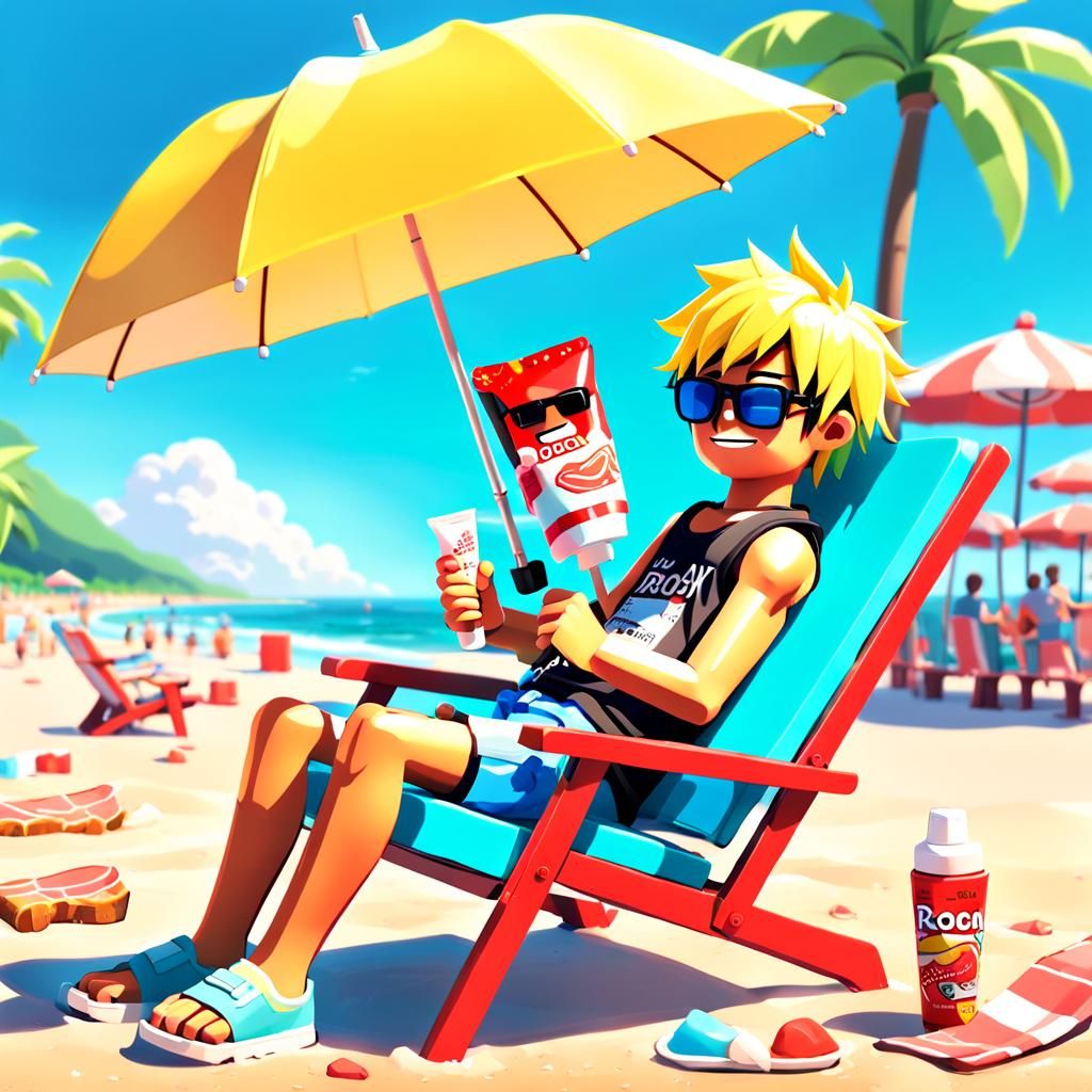 Happy Roblox Noob at Beach in Anime Style