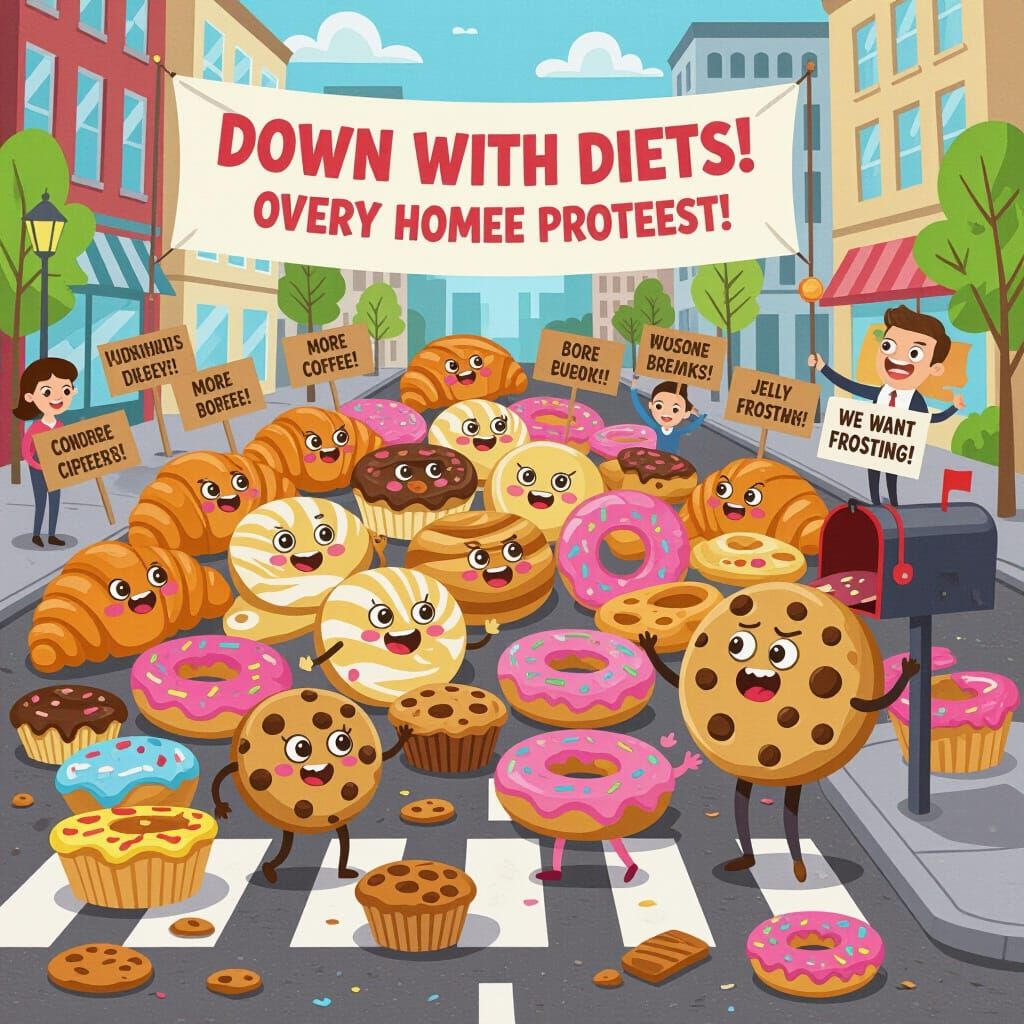 Pastry Protest: Cartoon Baked Goods Take to the Streets