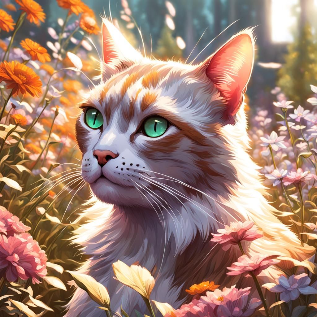 Cats Picking Flowers: Hyperdetailed Garden Portrait