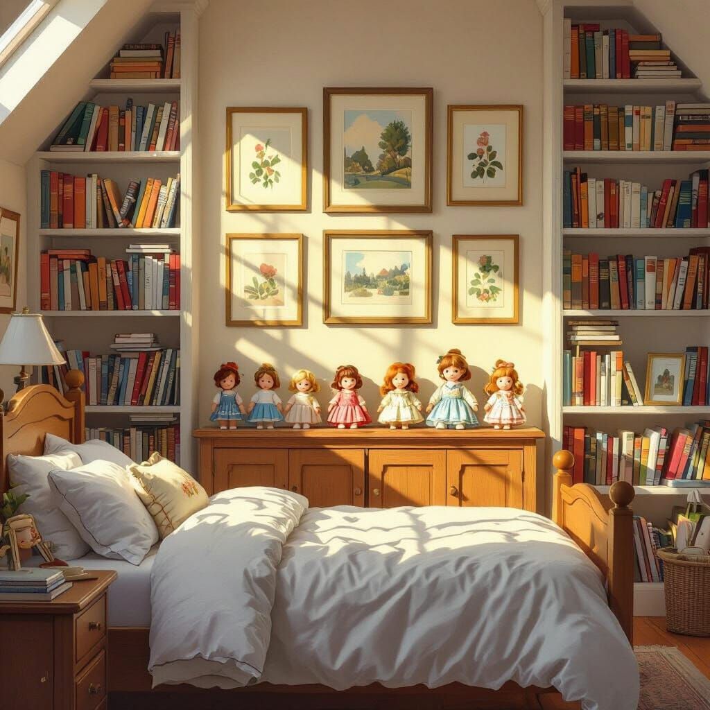 Cozy Organized Bedroom with Bookshelf and Dolls