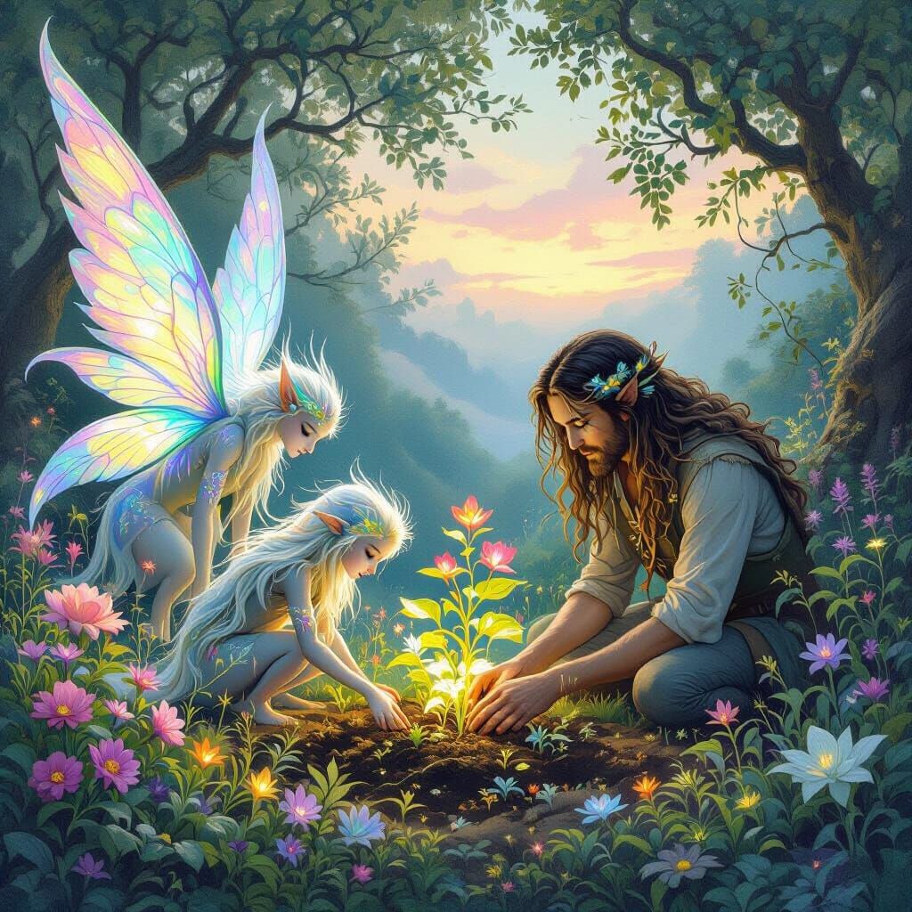 Mythical Creatures Help Human Plant Enchanted Garden