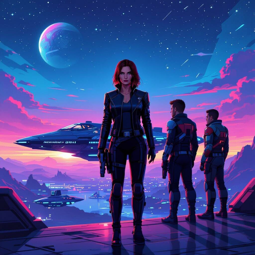 Femshep Leads Normandy Crew in Retrowave Galaxy
