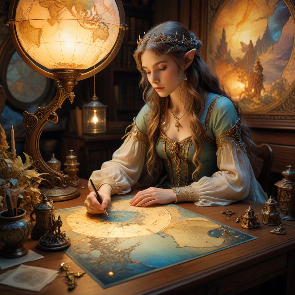 Elven Cartographer Charts Magical Realm in Art Nouveau Style