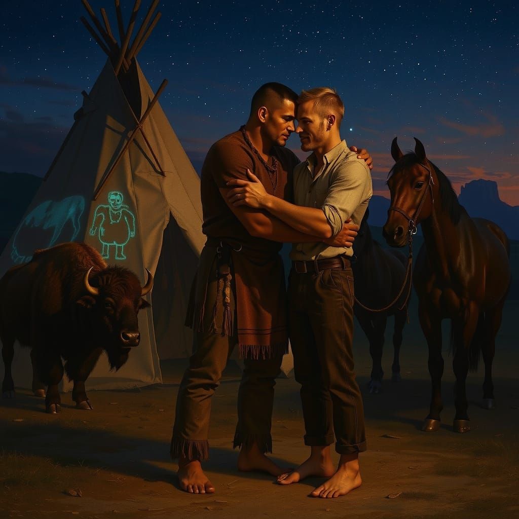 Native American Explorer Parting with Bison in Twilight Cany...