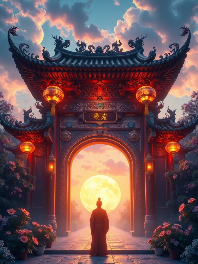 Ancient Chinese Temple Gate with Celestial Dragons