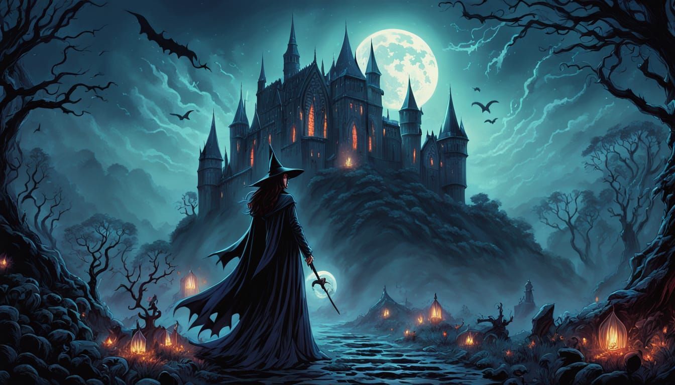 Vampire Witchcraft in Gothic Castle, Comic Book Art