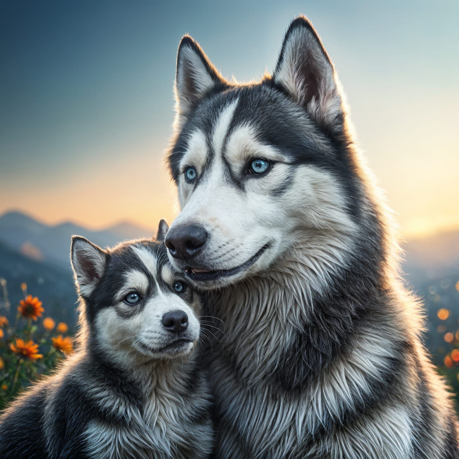 Husky Mother Tenderly Licks Her Pup in a Dreamlike Landscape