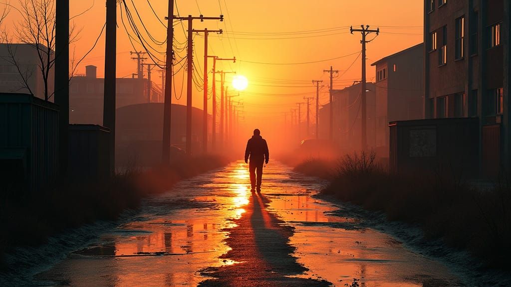 Post-Apocalyptic Landscape at Sunset: Ruined Industrial Stre...