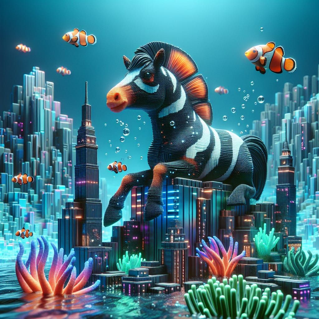 Cyberpunk Horse-Clownfish Hybrid on Abandoned Skyscraper