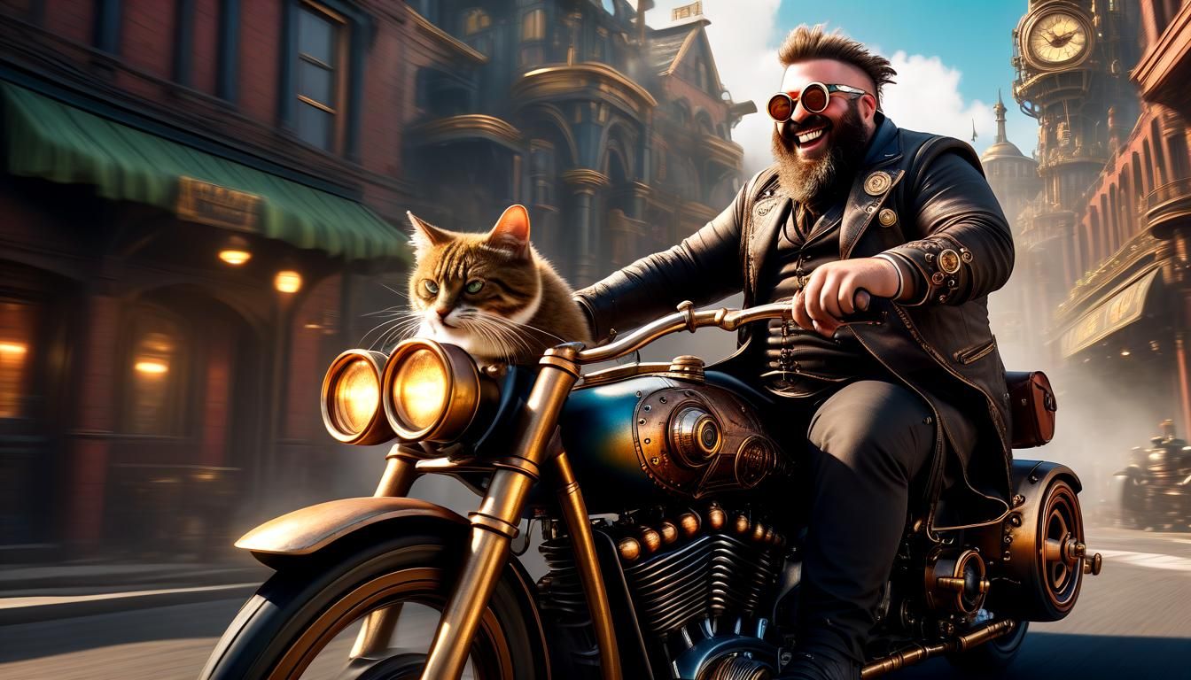 Steampunk Man Rides Motorcycle Through City