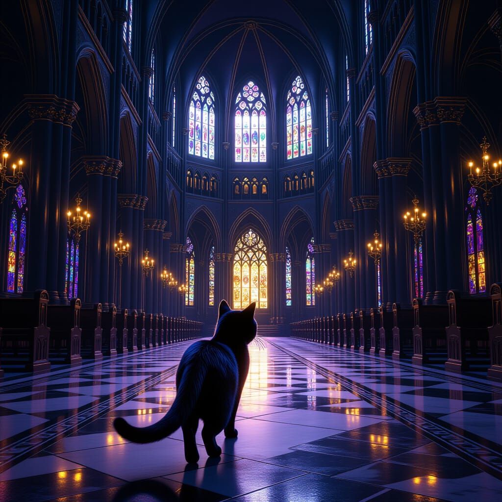 Black Cat Enters Dark Fantasy Cathedral
