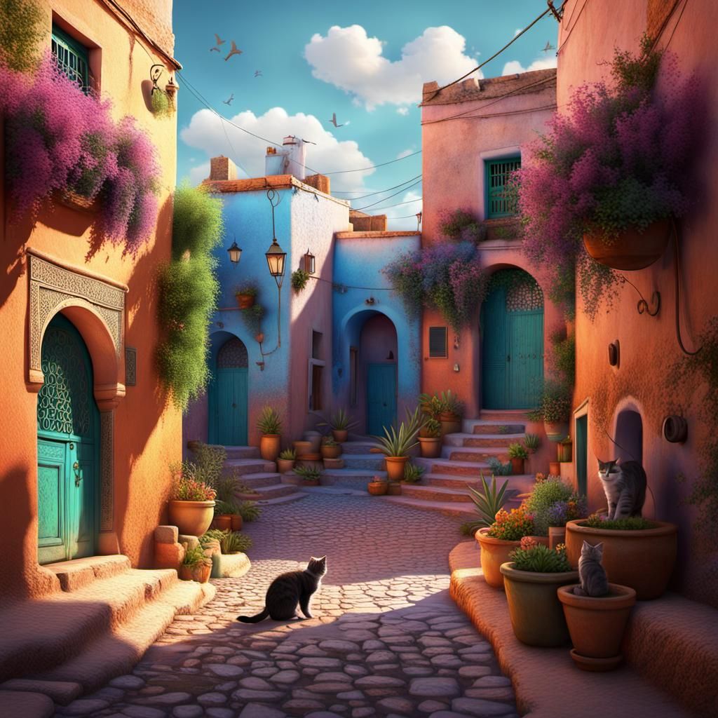 Moroccan Village Street Scene in 3D Style