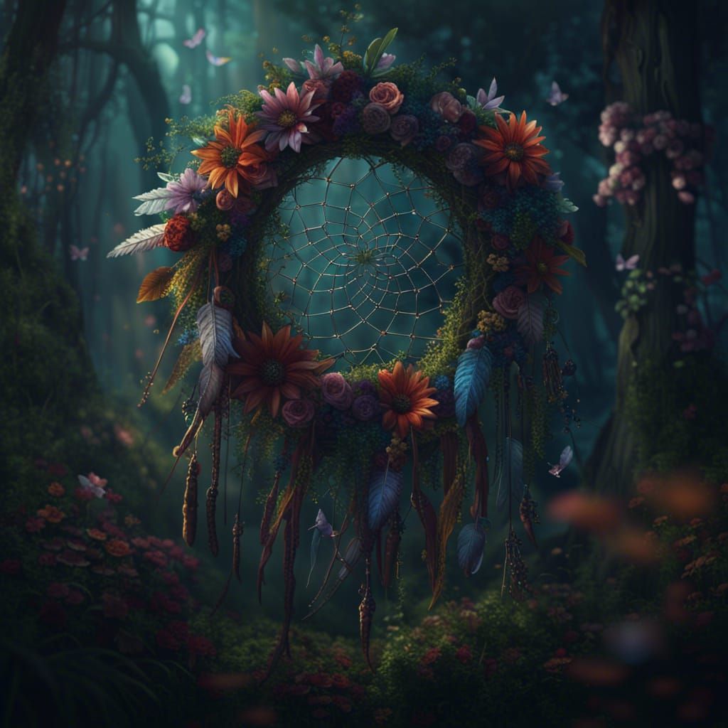 Mystical Dream Catcher Overgrown with Flowers