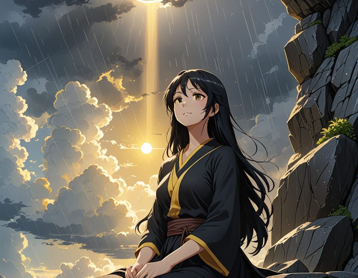 Anime Girl in Rain with Sunlight