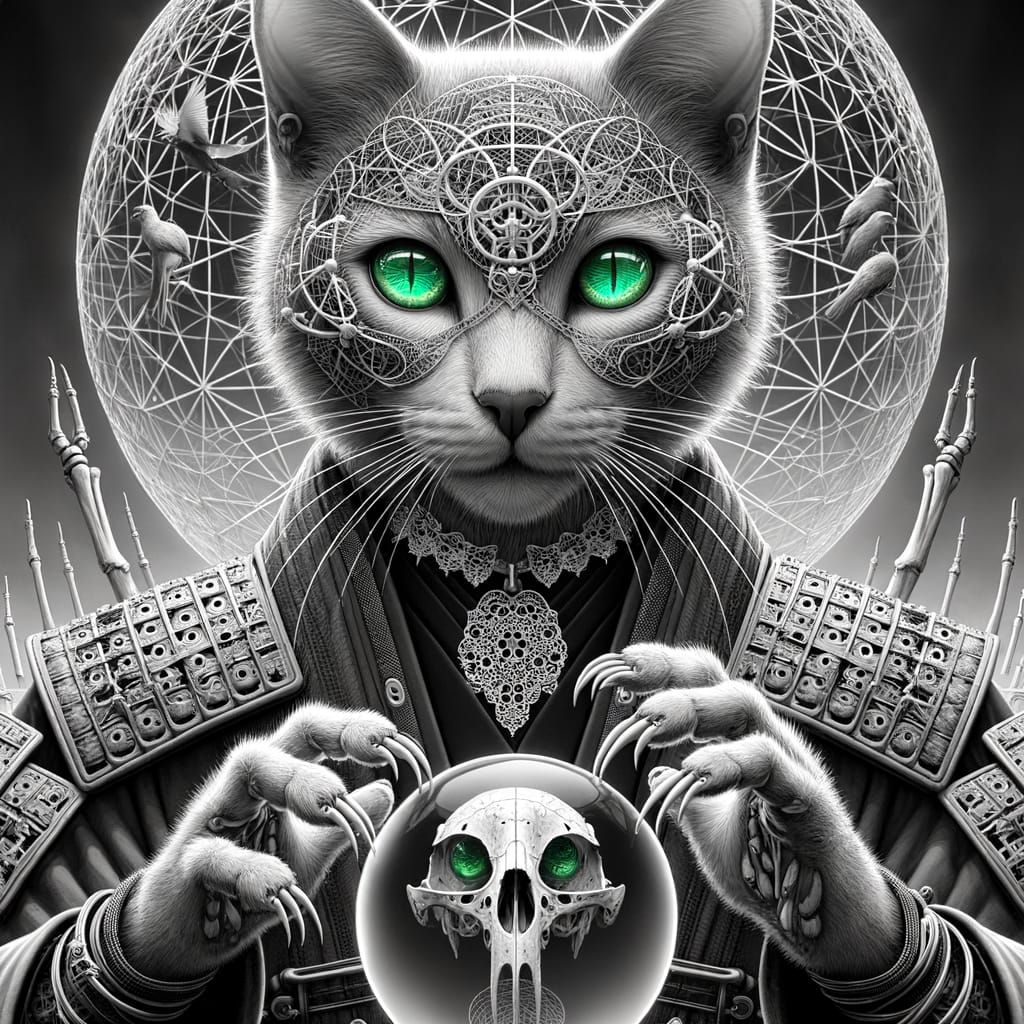 Anthropomorphic Cat Stares Down Bird Skeletons in Monochrome...