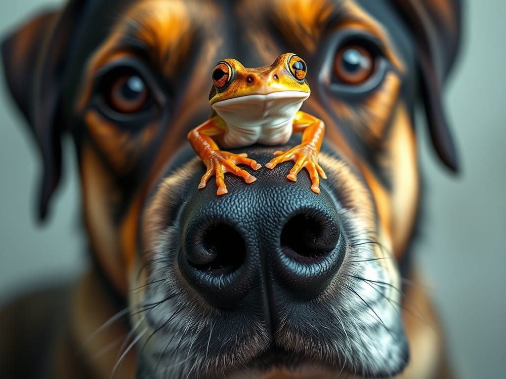 Surprised Frog on Dog's Nose: Award-Winning Photo