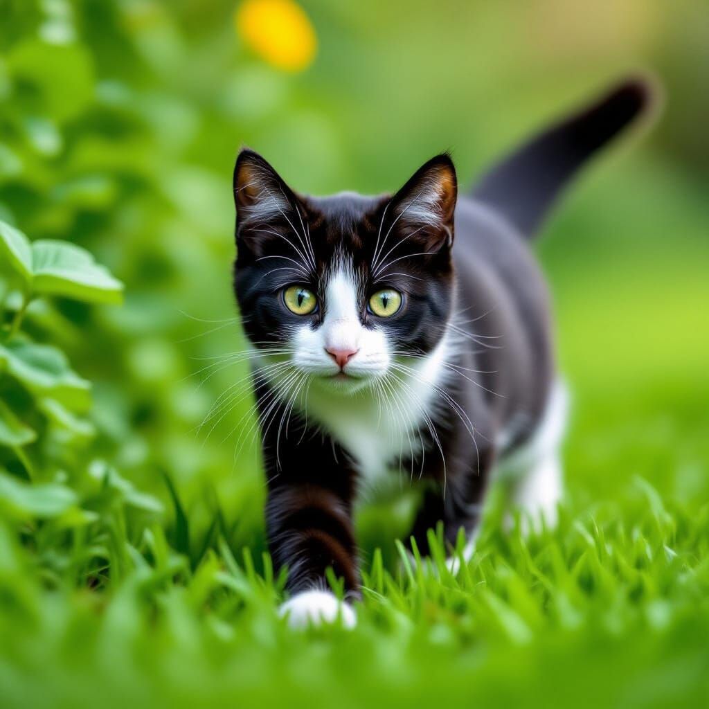 Tuxedo Cat Hunting in a Lush Garden