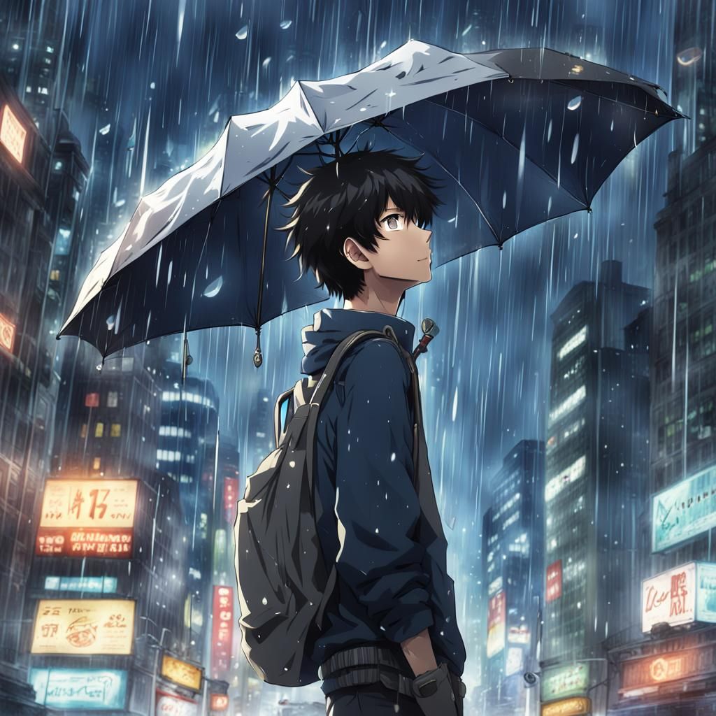 Heroic Anime Boy in Rain, Japanese Manga Style