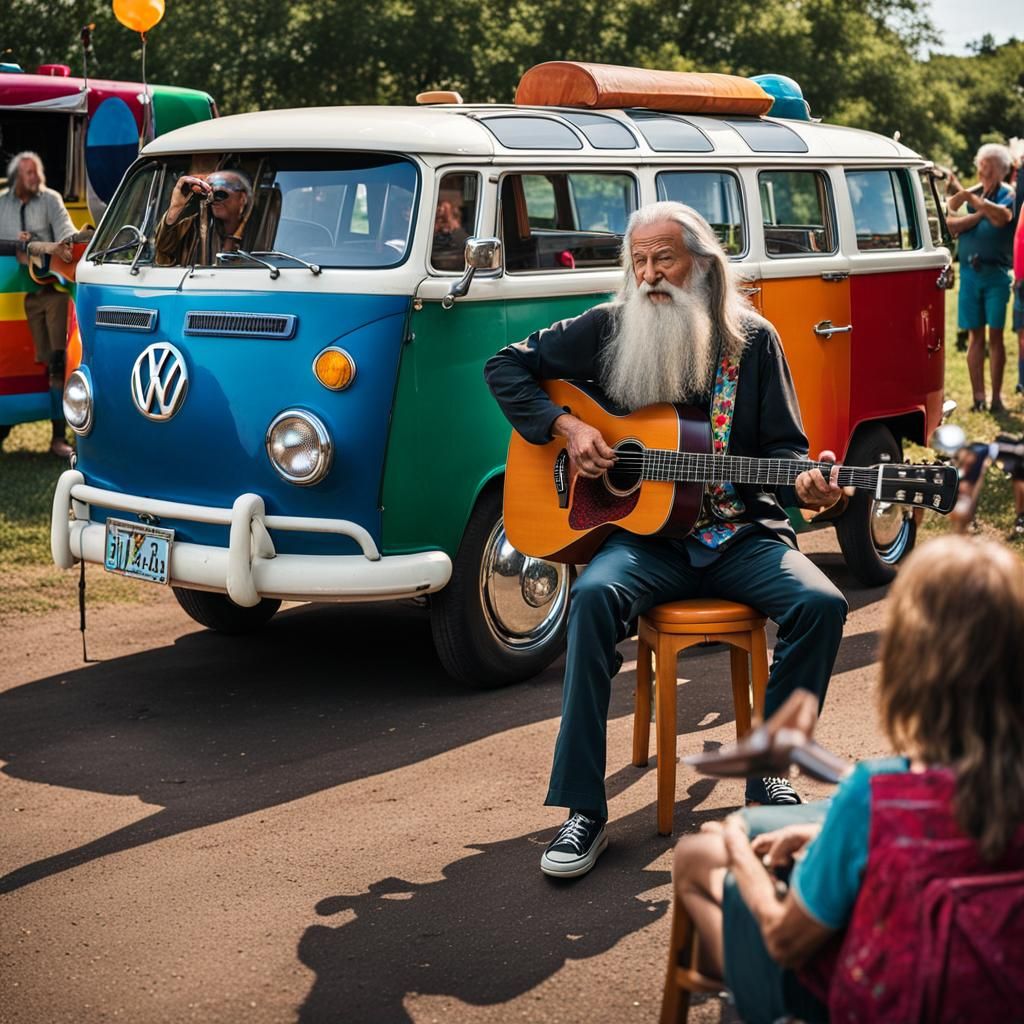 Old Man Plays Guitar by Multicolored VW Bus