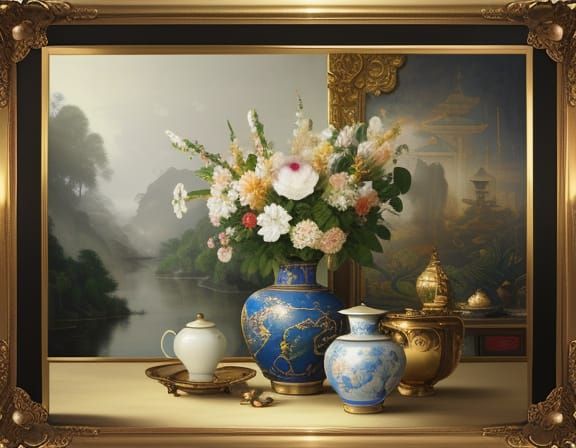Baroque Chinese Vase with Jungle Scene in Golden Light