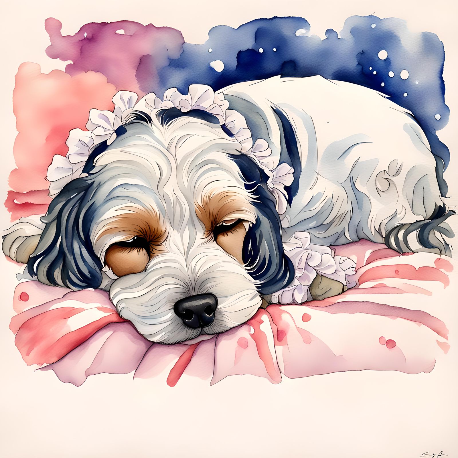 Puppy Sleeping in Frilly Bed Watercolor