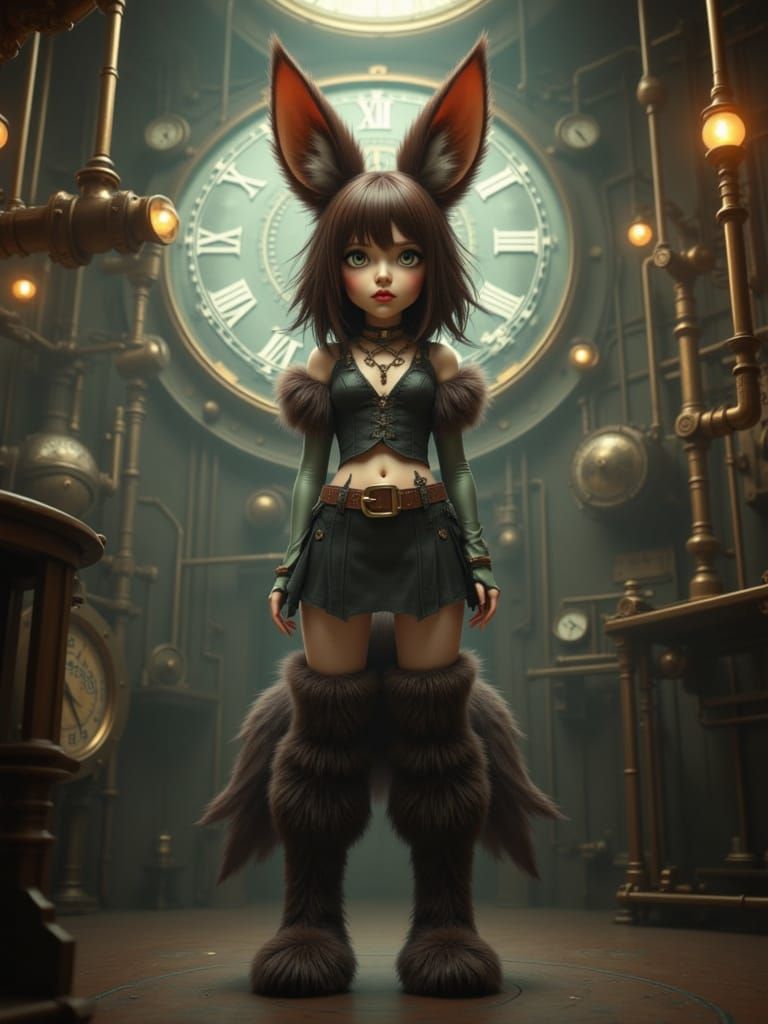 Brunette Kitsune in Clockpunk Laboratory, Steampunk Aestheti...