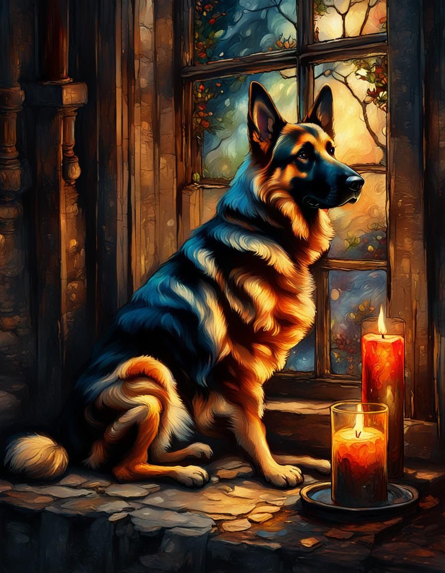 German Shepherd by Candle in Detailed Fantasy Art