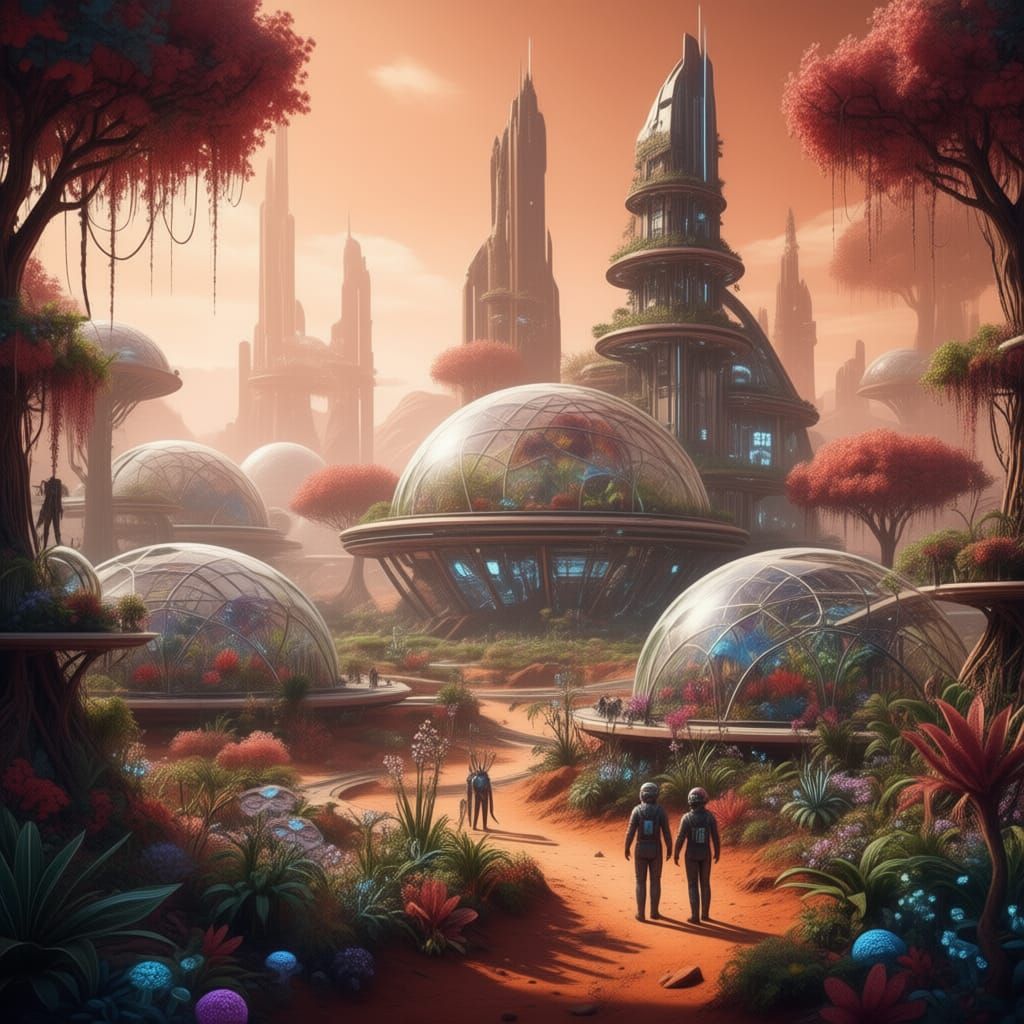 Futuristic Martian City with Biosphere and Greenery