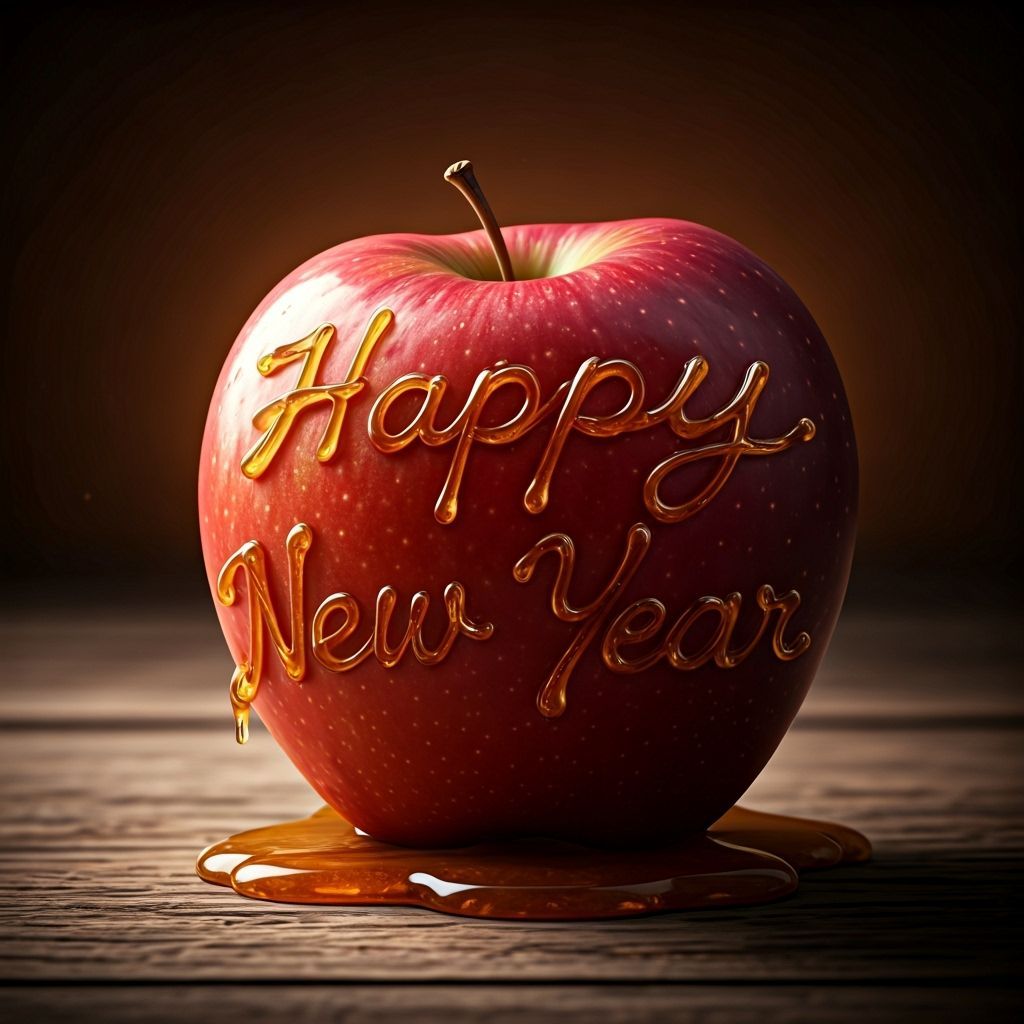 Happy New Year Text in Dripping Honey on Red Apple