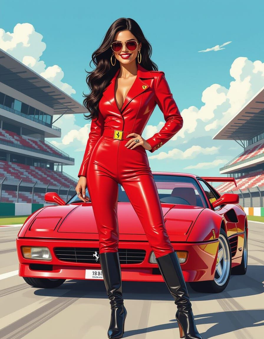 Italian Model in Rosso Corsa Catsuit at Monza