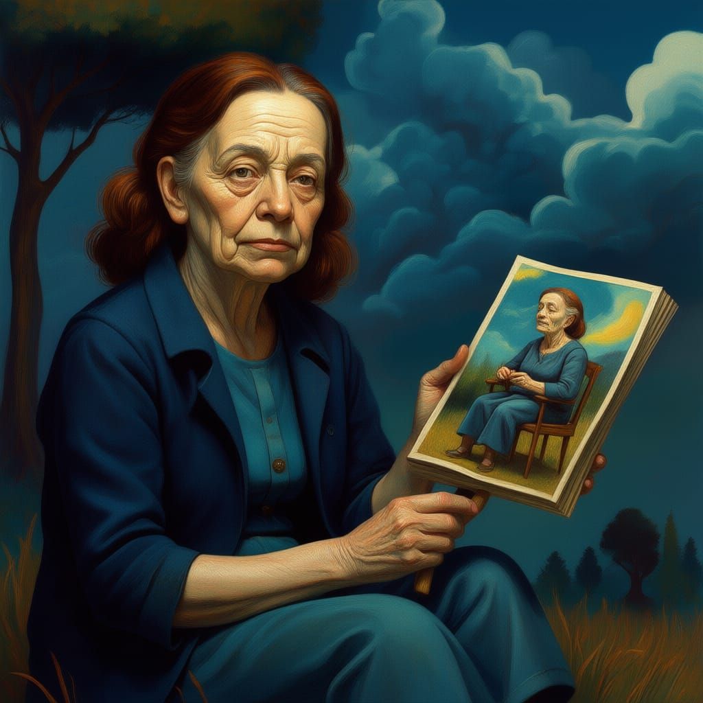 Grandmother Mending Clothes in Garden, Geometric Style