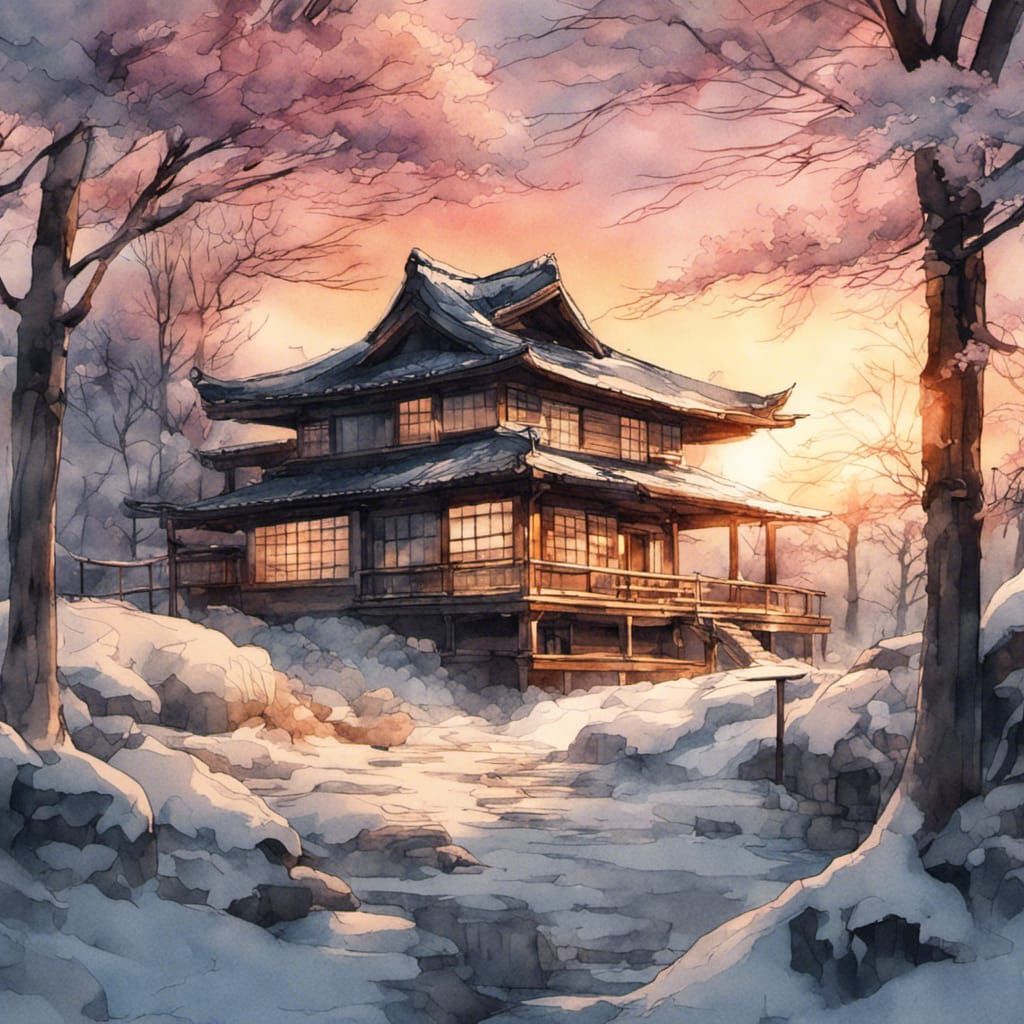 Japanese House at Winter Sunset: Watercolor and Ink